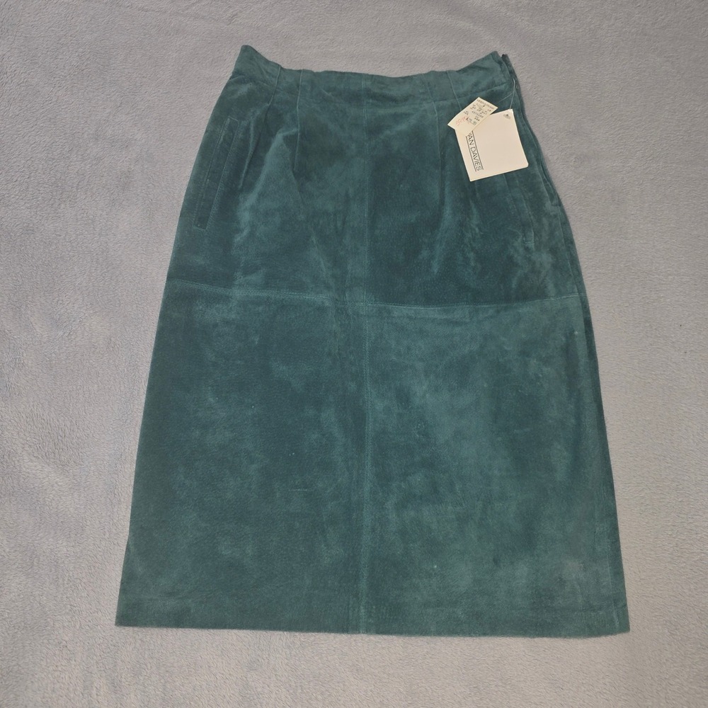 Evan Davies Vintage Teal Green Suede‎ Leather Midi Skirt Size 4 NWT